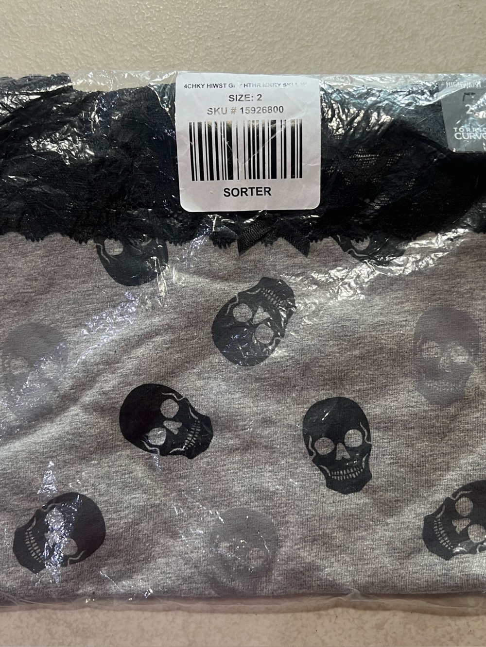 Grey Skull Print Lace-Trim Underwear